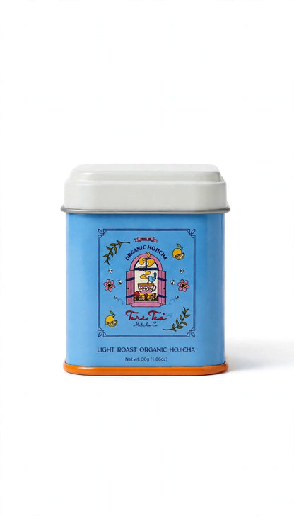 Organic Light Roast Hojicha tin on white background