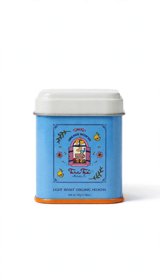 Organic Light Roast Hojicha tin on white background
