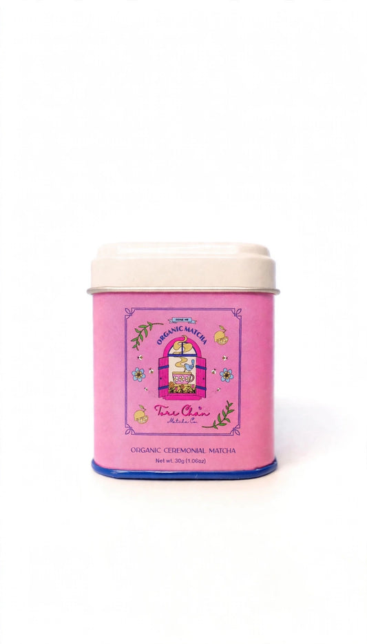 Organic Ceremonial Grade Matcha tin on white background